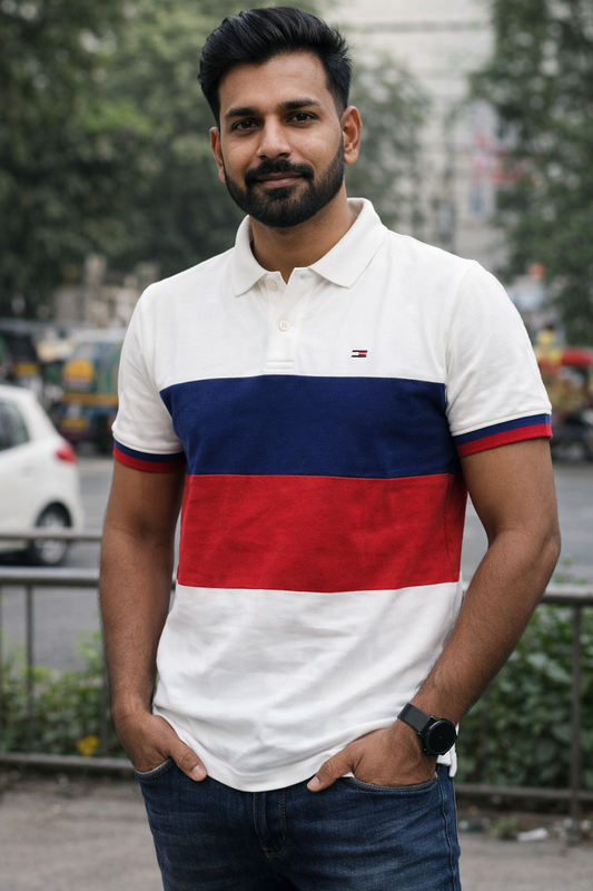 J7844-Classic Red, White & Blue Colorblock Polo Look T-shirt