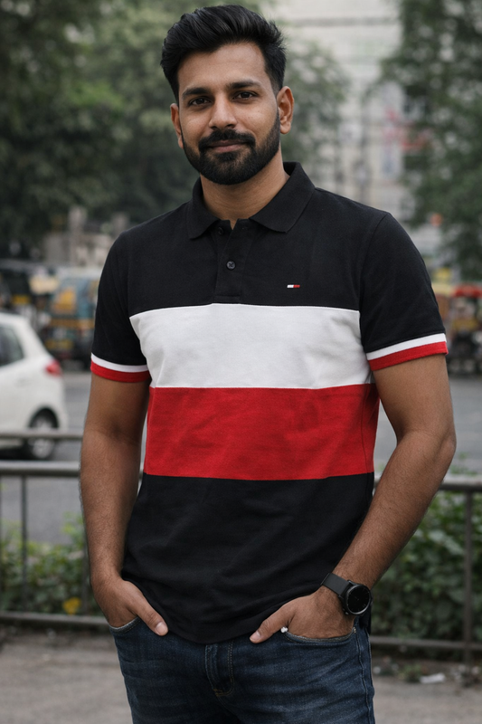 J7848-Bold Black Colorblock Polo – Modern Casual Style T-shirt