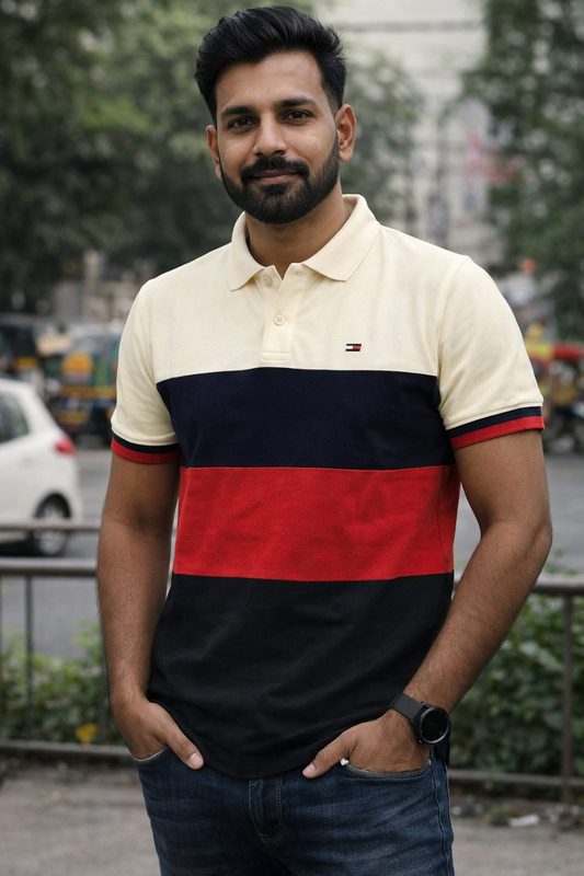 J7852-Premium Cream Colorblock Polo T-shirt – Smart Casual Essential