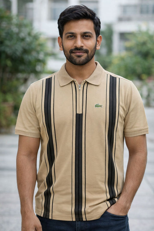 Z33261 Men’s Beige Vertical Stripe Polo T-Shirt – Premium Cotton Blend Casual Wear