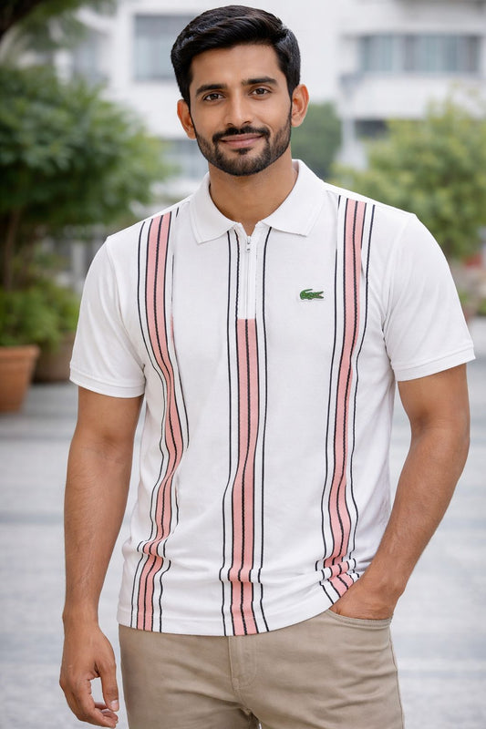 Z33265 Men’s White Vertical Stripe Polo T-Shirt – Premium Cotton Smart Casual Wear