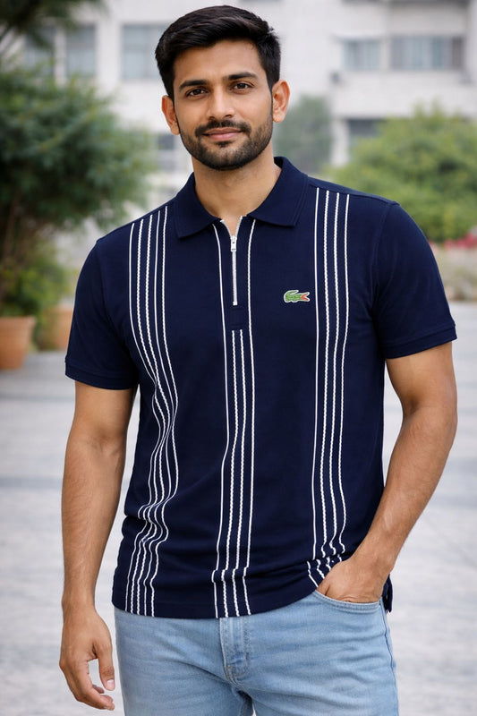 Z33269 Men’s Navy Blue Vertical Stripe Polo T-Shirt – Premium Smart Casual Wear