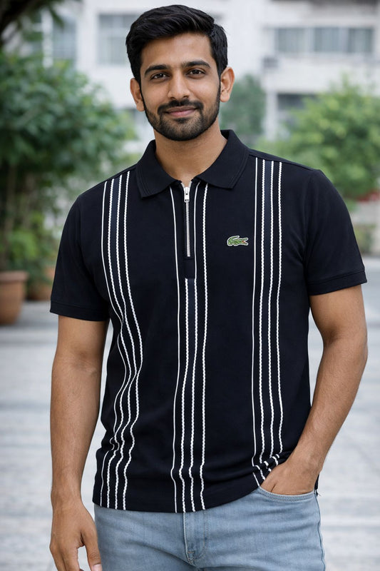 Z33273 Men’s Black Vertical Stripe Polo T-Shirt – Premium Zip Collar Smart Casual Wear